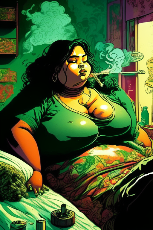 Create a new one of a kind artwork of a chubby, voluptuous Malay woman smoking ganja in her bedroom chambers in the way Todd McFarlane's artwork would be. 