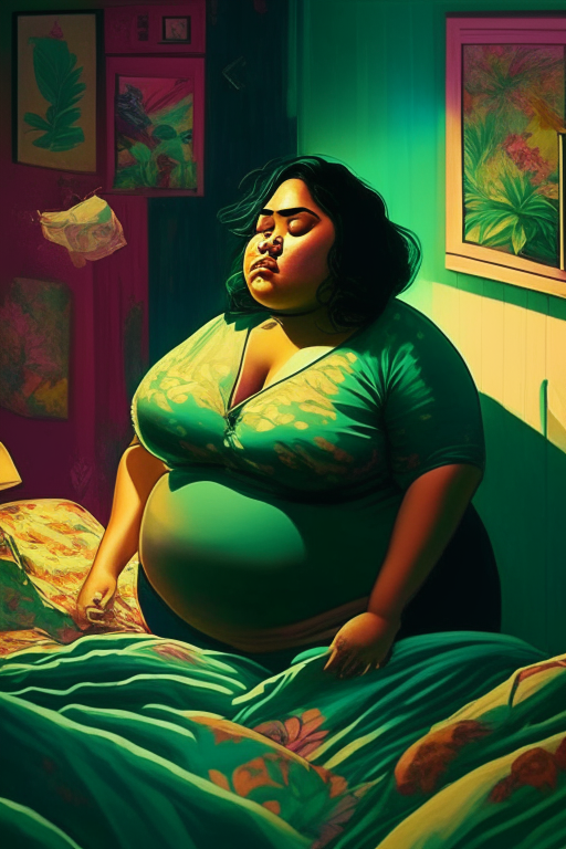 Create a new one of a kind artwork of a chubby, voluptuous Malay woman smoking ganja in her bedroom chambers in the way Steve Hughes's artwork would be. 