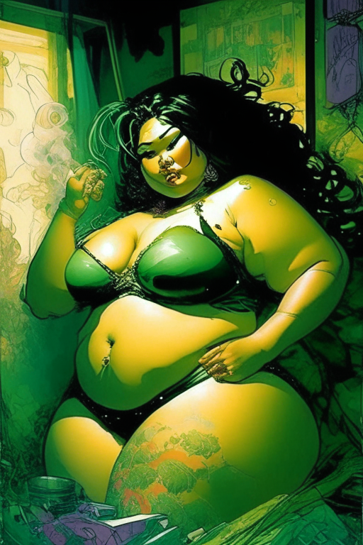 Create a new one of a kind artwork of a chubby, voluptuous, Malay woman, smoking ganja, wearing skimpy mesh outfit in her bedroom chambers in the way Jim Lee's 'artwork would be. 