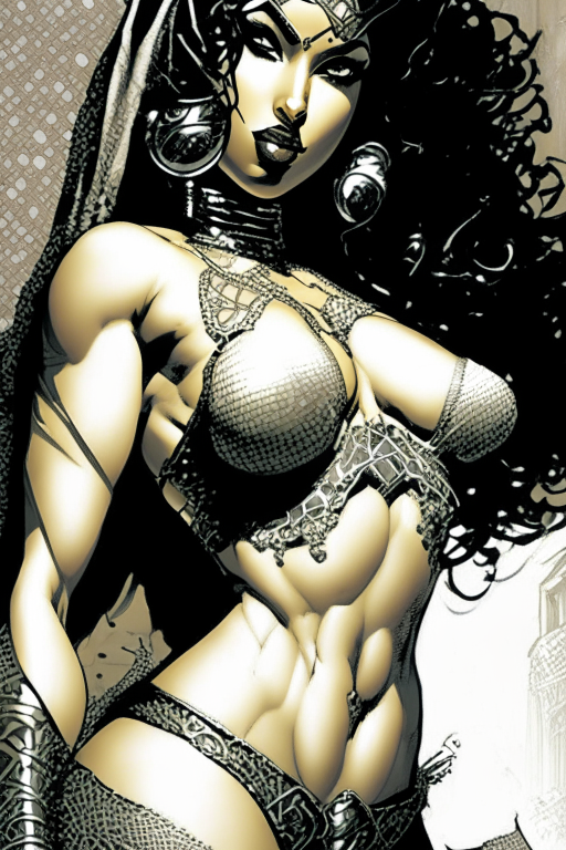 Create a new one of a kind artwork of a voluptuous Arabian woman, wearing skimpy mesh outfit in doggy style position in the way Jim Lee's artwork would be. 
