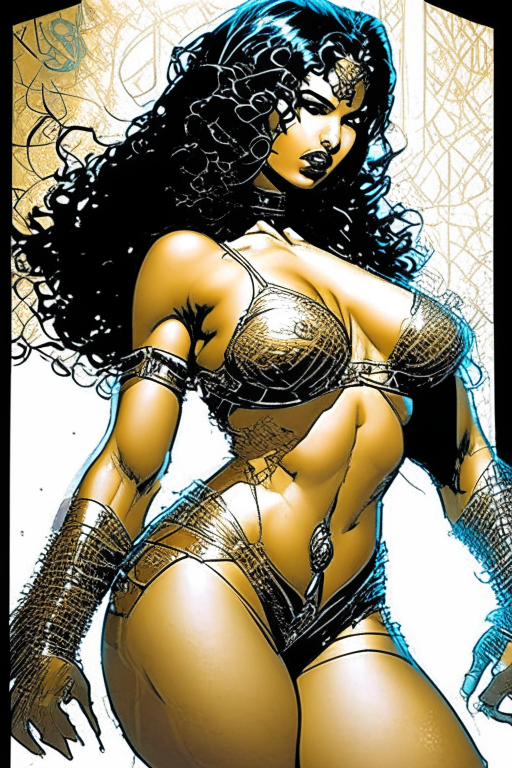 Create a new one of a kind artwork of a voluptuous Persian woman, wearing skimpy mesh outfit in doggy style position in the way Jim Lee's artwork would be. 