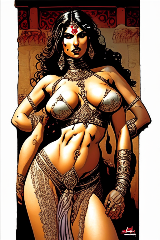 Create a new one of a kind Todd McFarlane's artwork of a voluptuous Greek woman, wearing skimpy mesh outfit in doggy style position, during 1651 time period in India. 