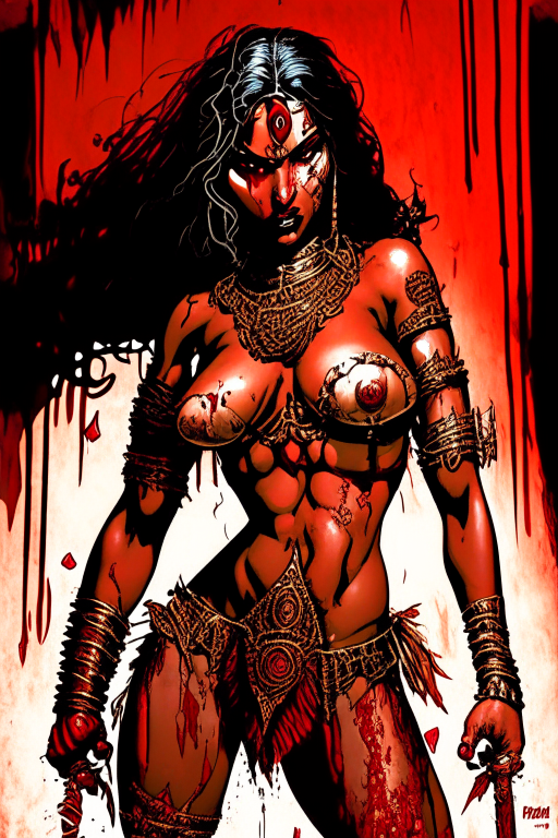 Create a new one of a kind Todd McFarlane's artwork of a voluptuous Tamil warrior woman, wearing skimpy mesh outfit, drenched in blood after a gory war, during 1651 time period in India. 