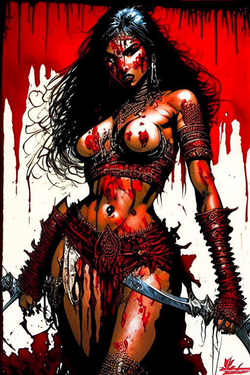 Create a new one of a kind Todd McFarlane's artwork of a voluptuous Malay-Muslim warrior woman, wearing skimpy mesh outfit, drenched in blood after a gory war, during 1651 time period in India. 