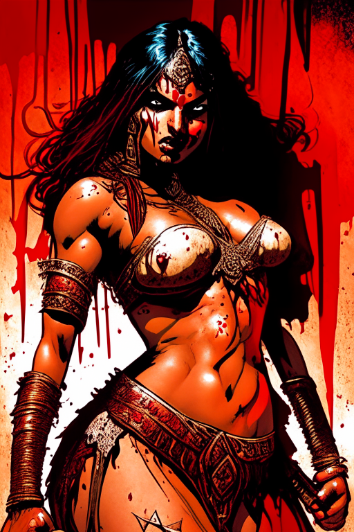 Create a new one of a kind Andy Kubert's artwork of a voluptuous Malay-Muslim warrior woman, wearing skimpy mesh outfit, drenched in blood after a gory war, during 1651 time period in India. 