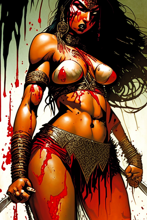 Create a new one of a kind Andy Kubert's artwork of a voluptuous Malay-Muslim warrior woman, wearing skimpy mesh outfit, drenched in blood after a gory war, during time period of 2075 in India. 