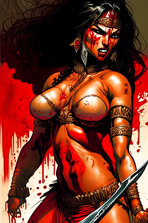 Create a new one of a kind Andy Kubert's artwork of a voluptuous Malay warrior woman, wearing skimpy mesh outfit, drenched in blood during a gory war at the time period of 2075 in India. 