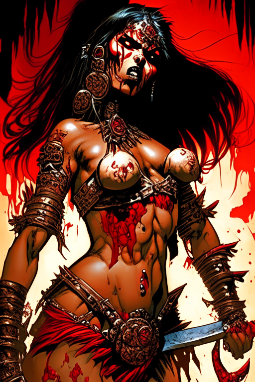Create a new one of a kind Andy Kubert's artwork of a voluptuous Malay warrior woman, wearing skimpy skulls and bones outfit, drenched in blood during a gory war at the time period of 2075 in Mars. 