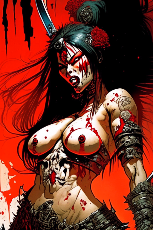 Create a new one of a kind Andy Kubert's artwork of a voluptuous Japanese warrior woman, wearing skimpy skulls and bones outfit, drenched in blood during a gory war at the time period of 2075 in Mars. 