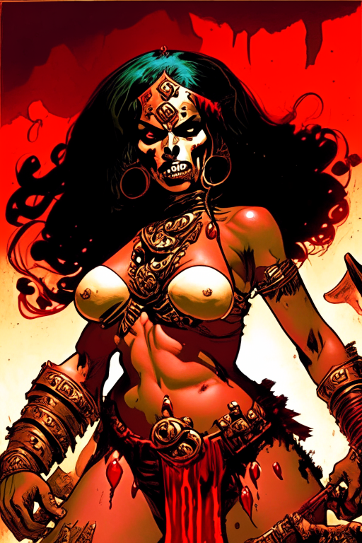 Create a new one of a kind Jack Kirby's artwork of a voluptuous Malayali warrior woman, wearing skimpy skulls and bones outfit, drenched in blood during a gory war at the time period of 2075 in Mars. 