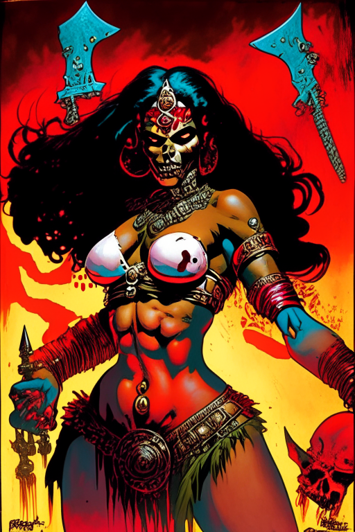 Create a new one of a kind Jack Kirby's artwork of a voluptuous Malayali warrior woman, wearing skimpy skulls and bones outfit, drenched in blood during a gory war at the time period of 2075 in a galaxy far away from earth. 