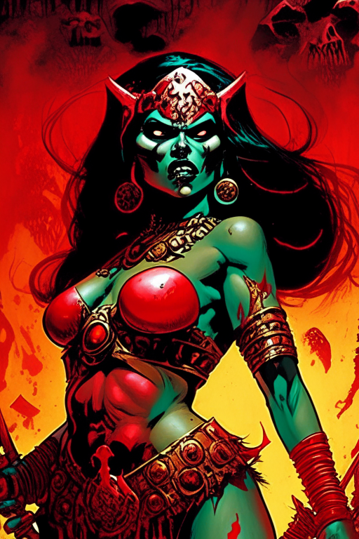 Create a new one of a kind Jack Kirby's artwork of a voluptuous Malay warrior woman, wearing skimpy skulls and bones outfit, drenched in blood during a gory war at the time period of 2075 in a galaxy far away from earth. 