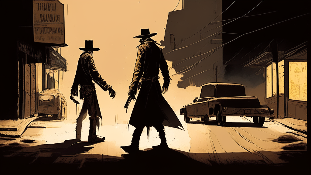 Two cowboys facing each other in a dusty street, guns drawn, ready to shoot, with a dark and gritty atmosphere, in a "A Scanner Darkly" style