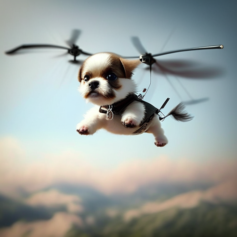 a tiny puppy flying a helicopter