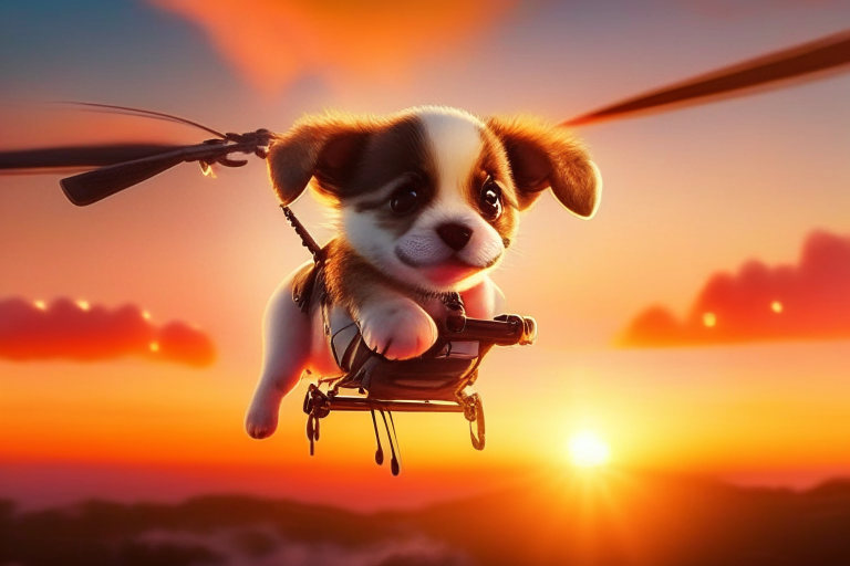 a very cute puppy flying a helicopter, with a beautiful sunset in the background