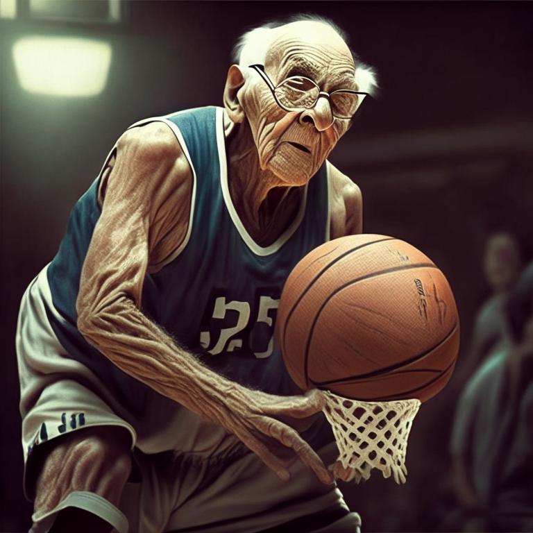 viejo basquetbolista  anotando canasta en partido

