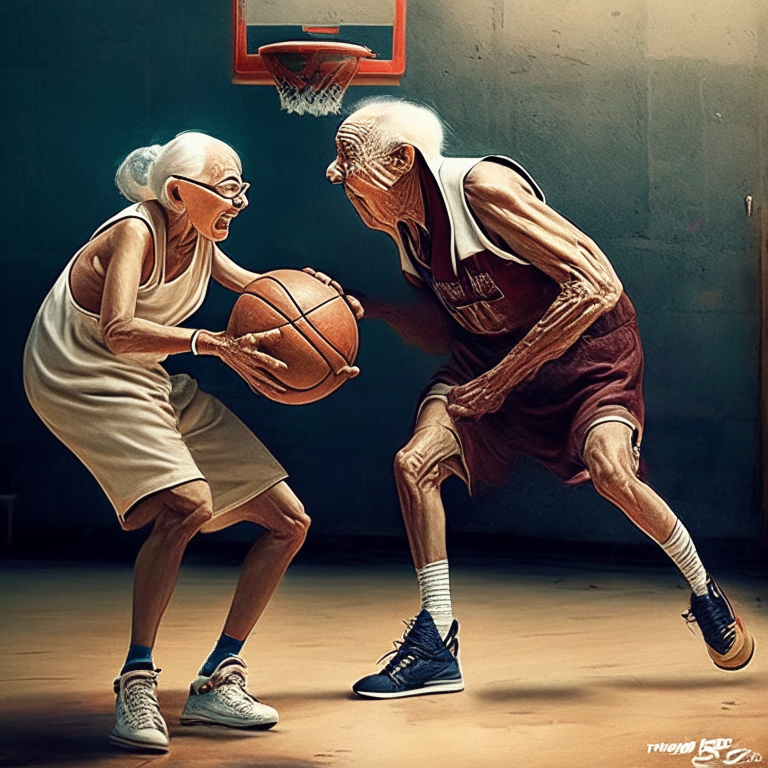 viejo y fuerte basketbolita brinando anotando canasta con muchos espectadores