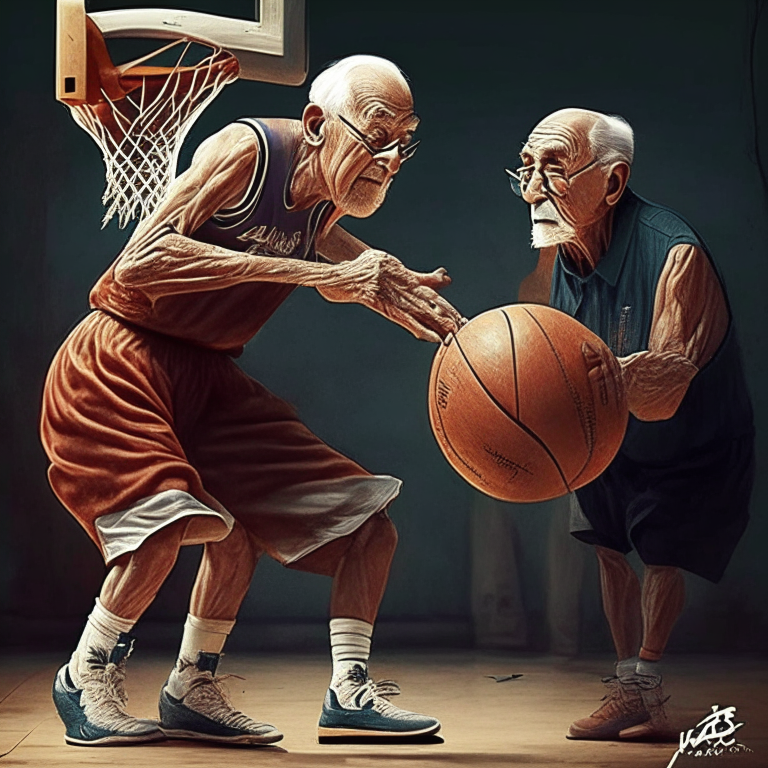 viejo y fuerte basketbolitsa bricando anotando canasta con muchos espectadores en las butacas