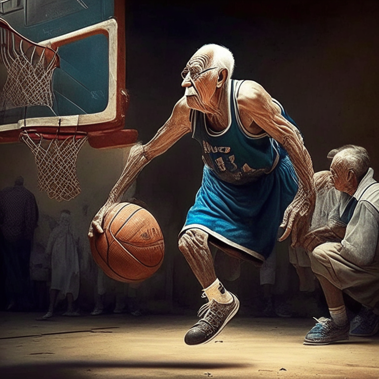 un viejo y fuerte basquetbolista brincando anotando canasta con muchos espectadores en las butacas