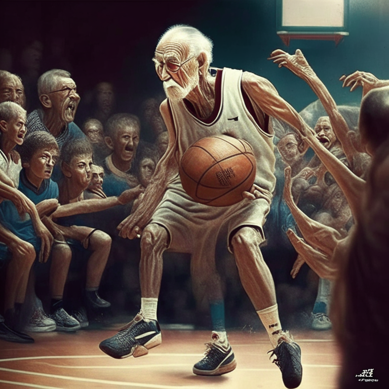 un viejo y fuerte basquetbolista brincando anotando canasta con muchos espectadores aplaudiendo en las butacas