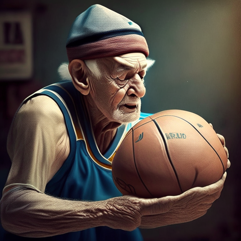 un viejo y fuerte basquetbolista brincando anotando canasta y gorro de cumpleaños
