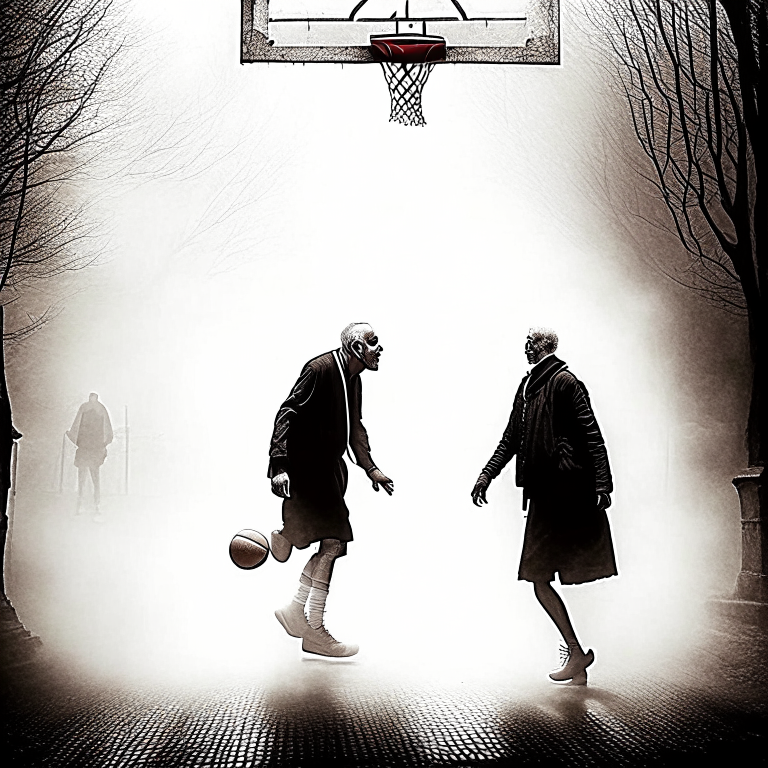 viejo y fuerte basketbolista saltando y metiendo canasta