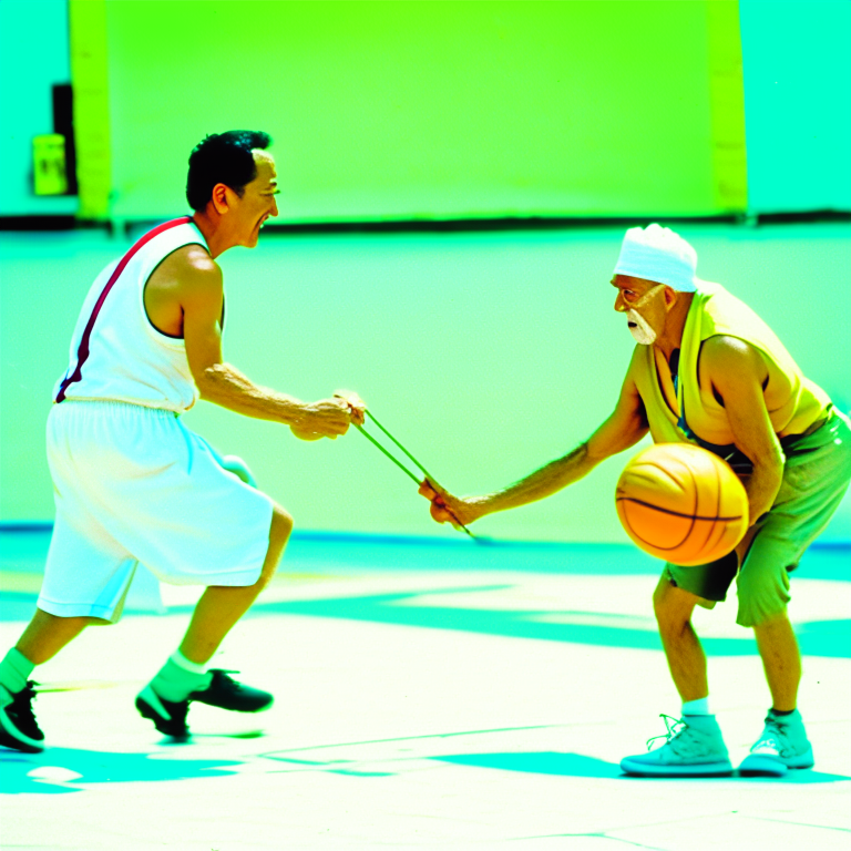 un viejo y fuerte basketbolista saltando y metiendo canasta