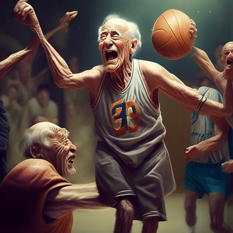 un viejo y fuerte basketbolista saltando y metiendo canasta  y celebrando su cumpleaños
