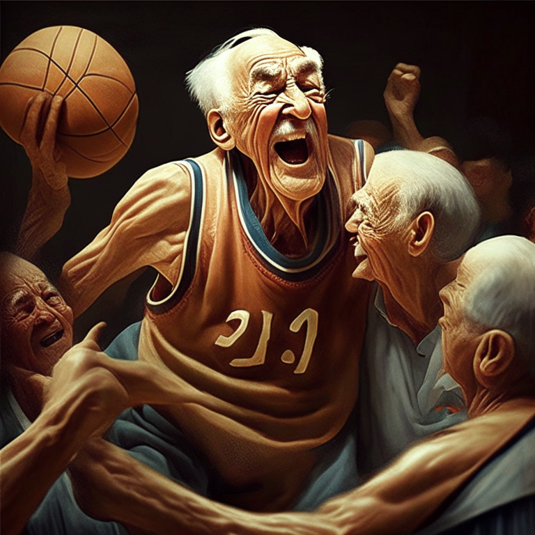 Jorge un viejo y fuerte basketbolista saltando y metiendo canasta  y celebrando su cumpleaños
