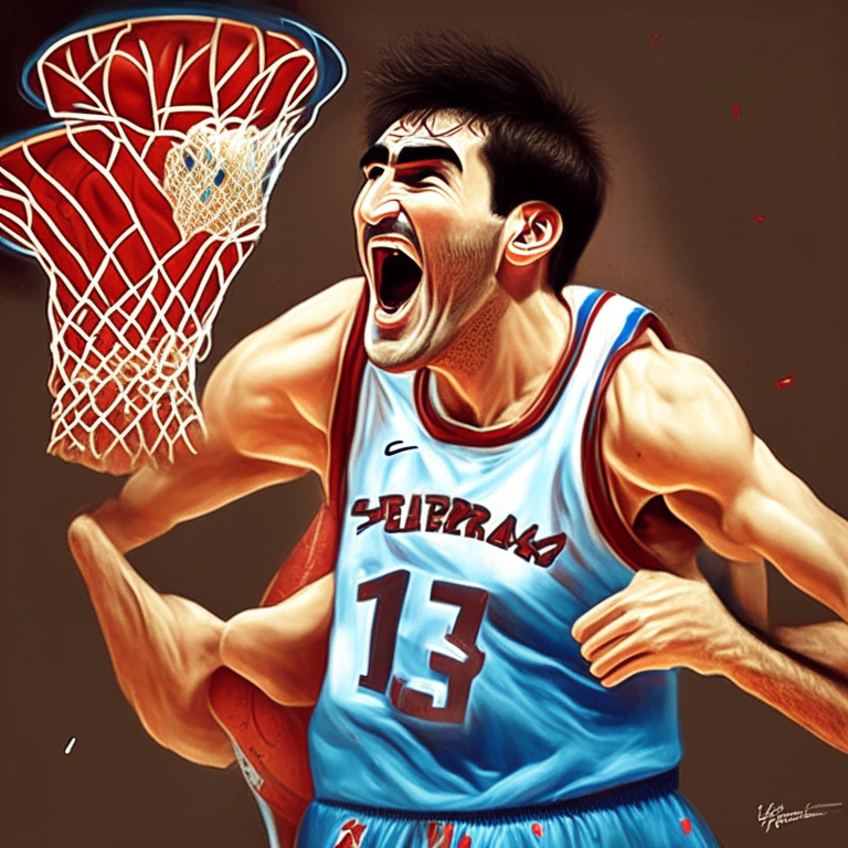 Jorge un señor y fuerte basketbolista saltando y metiendo canasta  y celebrando su cumpleaños

