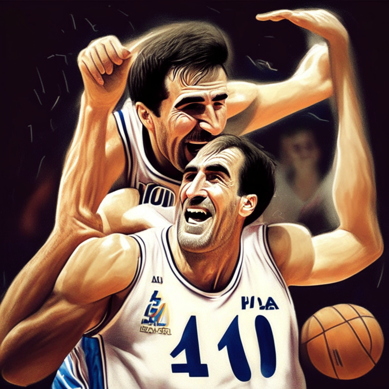 Jorge un señor y fuerte basketbolista con el numero 40 saltando y metiendo canasta  y celebrando su cumpleaños
