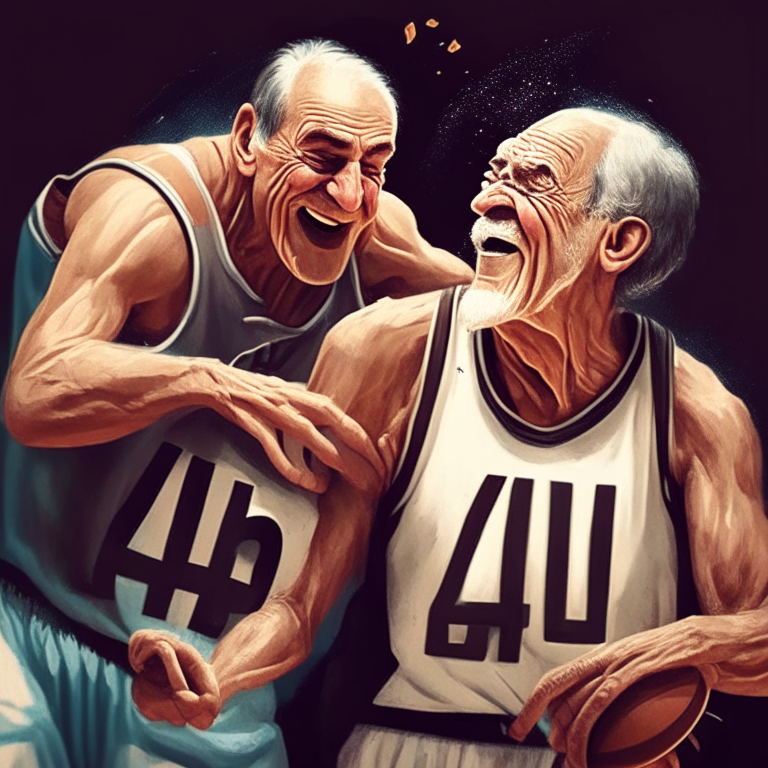 un viejo y fuerte basketbolista con el numero 40 saltando y metiendo canasta  y celebrando su cumpleaños
