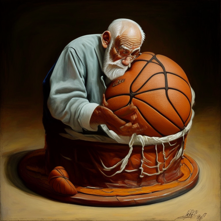 painting of an old man golding basket ball cake
