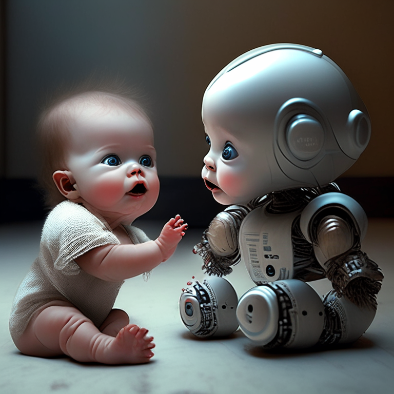 a baby human playing with baby AI