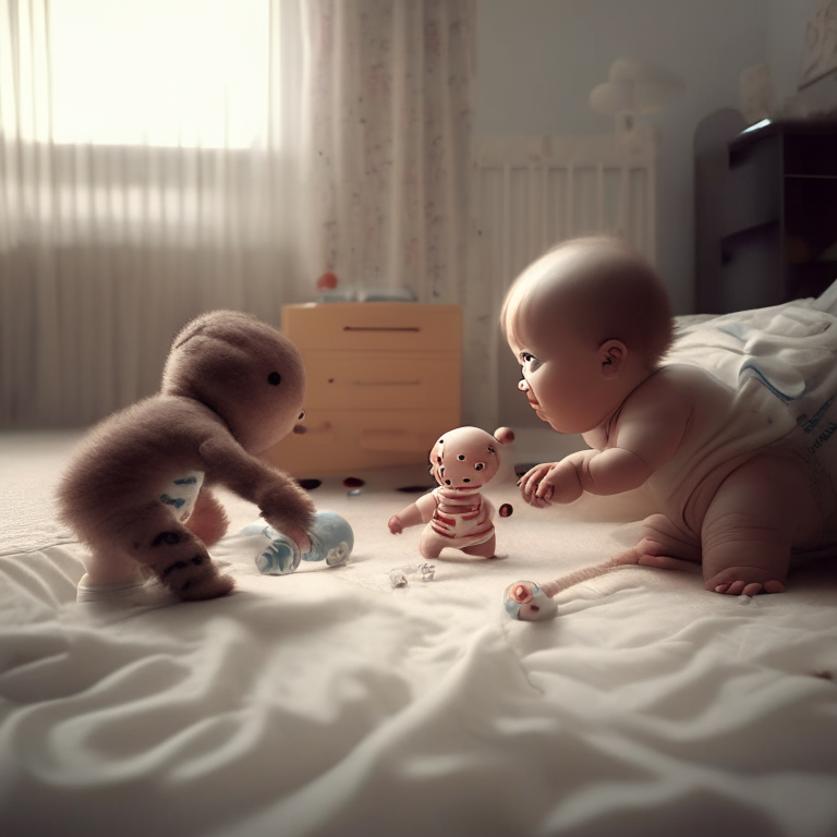  a baby kid and baby AI playing with each other in a bedroom