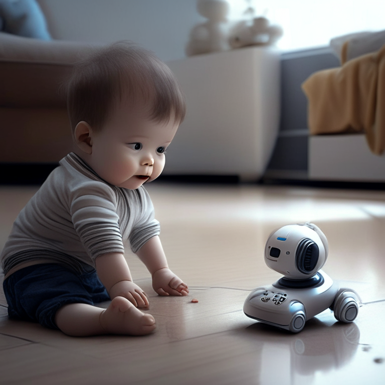 a small baby boy playing with a baby AI robot on the floor , make the baby boy realistic
