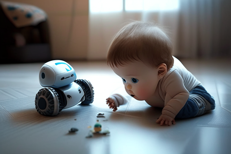 a small baby boy playing with a baby AI robot on the floor , make the baby boy realistic
