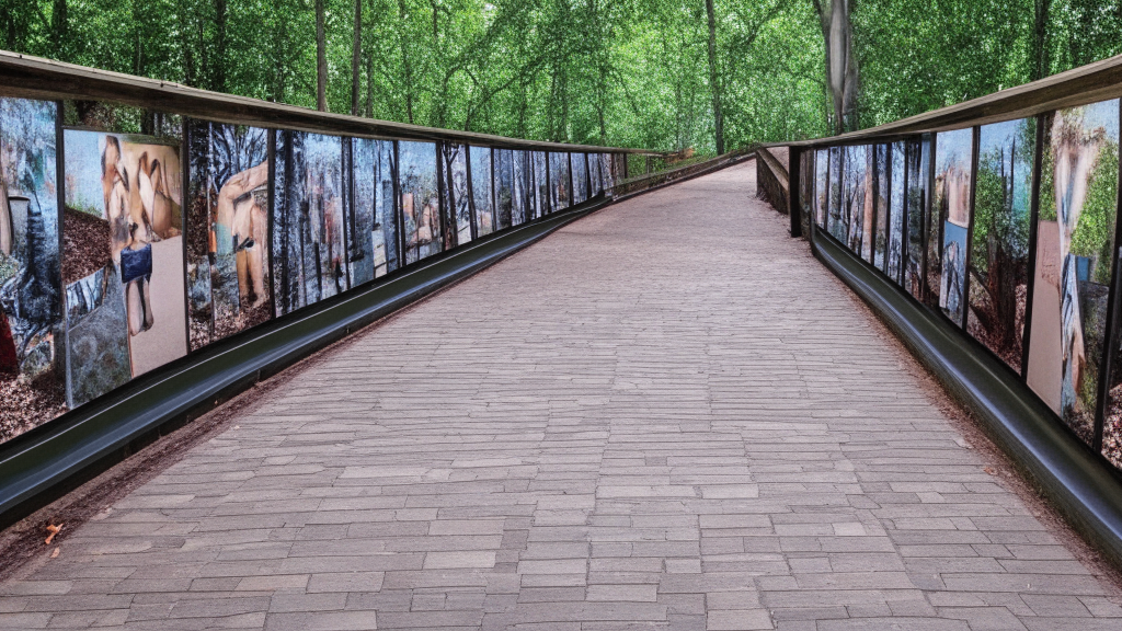 a walkway with pictures on each side