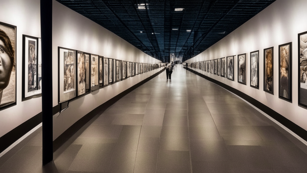 a museum walkway with pictures on each side