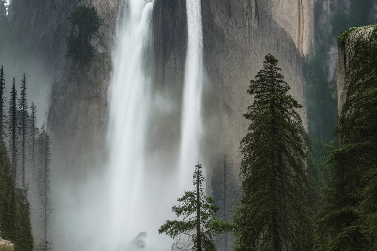 Bridalveil Fall in Yosemite National Park A close-up of Bridalveil Fall with mist in the air Bridalveil Fall surrounded by lush green trees