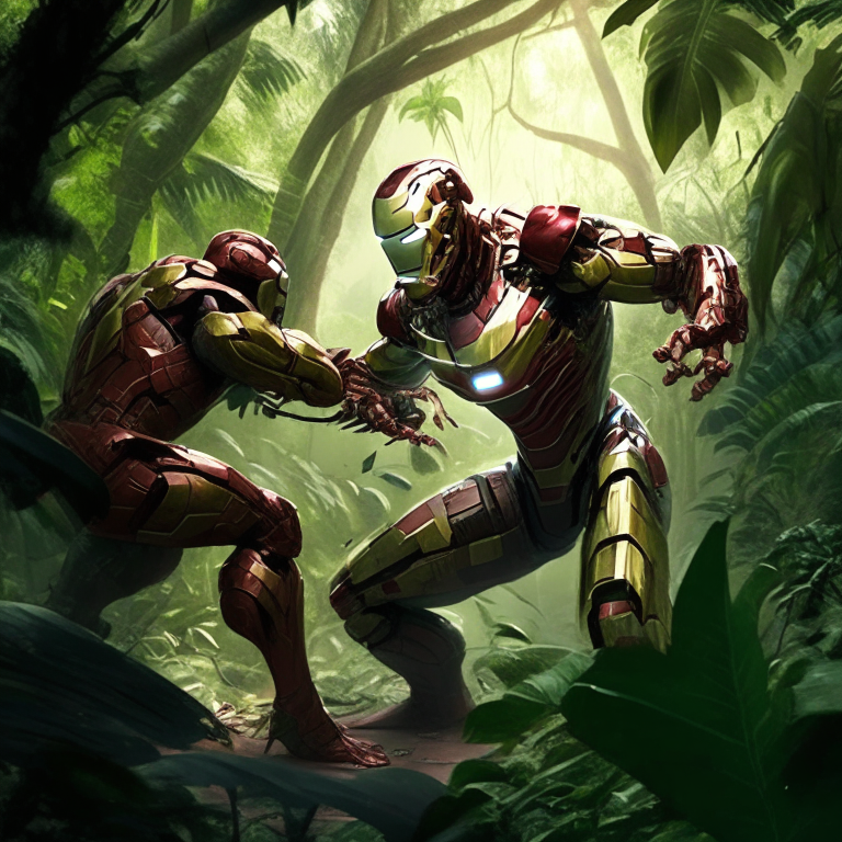 Iron Man fighting in the jungle