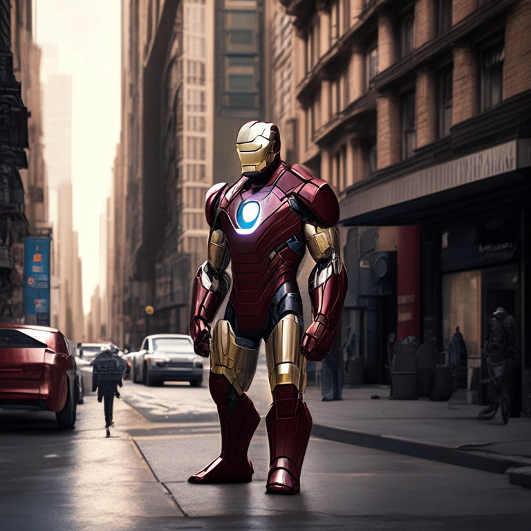 Iron Man standing in a downtown area