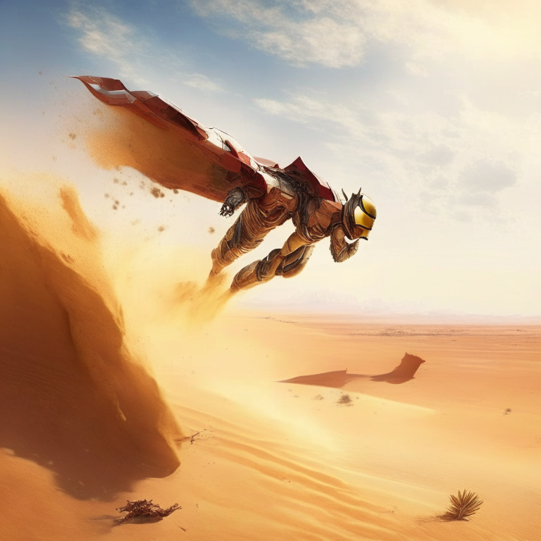 Iron Man flying over a desert