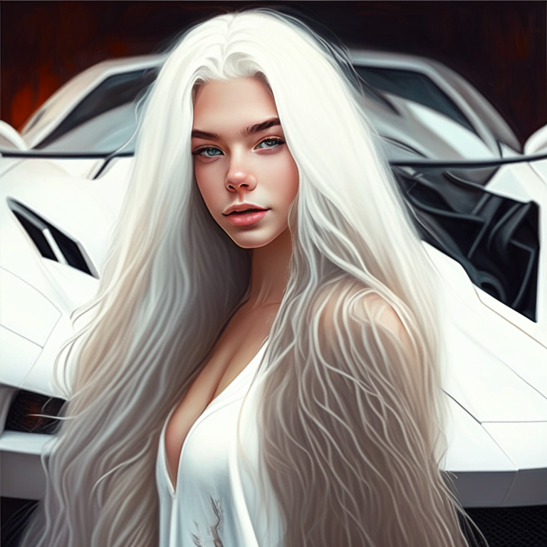 Pretty girl with long white hair with her 
white  Lamborghini 