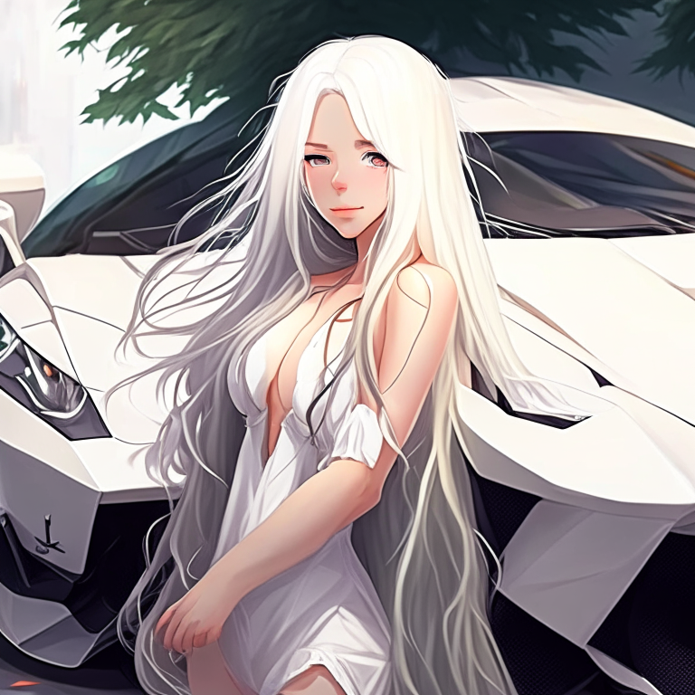 Pretty anime girl with her long white hair and her white Lamborghini 