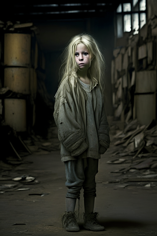 A portrait of a young girl wearing new clothes, with a clean face, standing alone in an old warehouse. She has blonde hair and blue eyes. make her young and beautiful