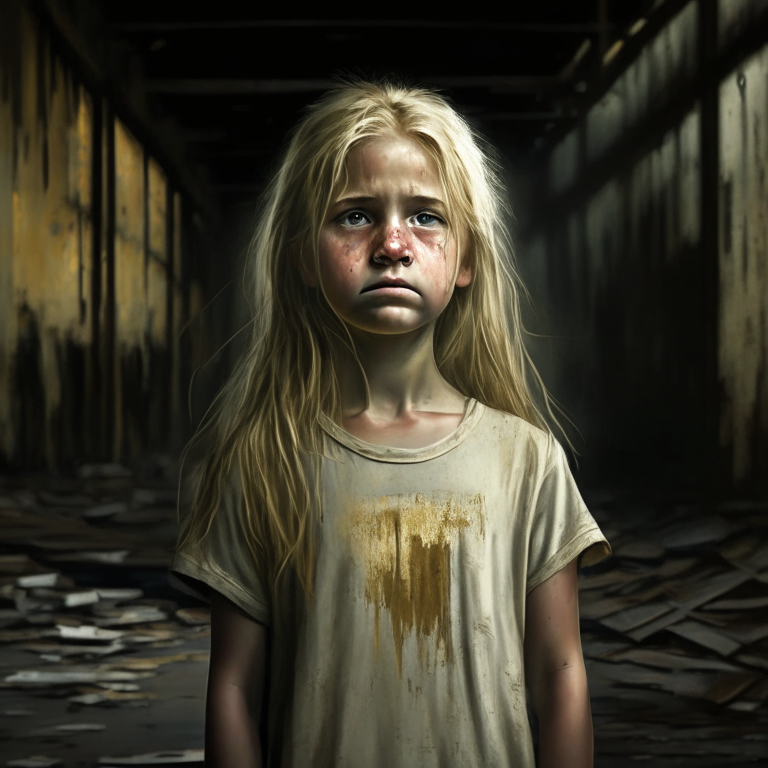 A beautiful 8-year-old girl wearing a worn-out T-shirt, with tears streaming down her face, stands alone in an old warehouse. She has golden hair and brown eyes.