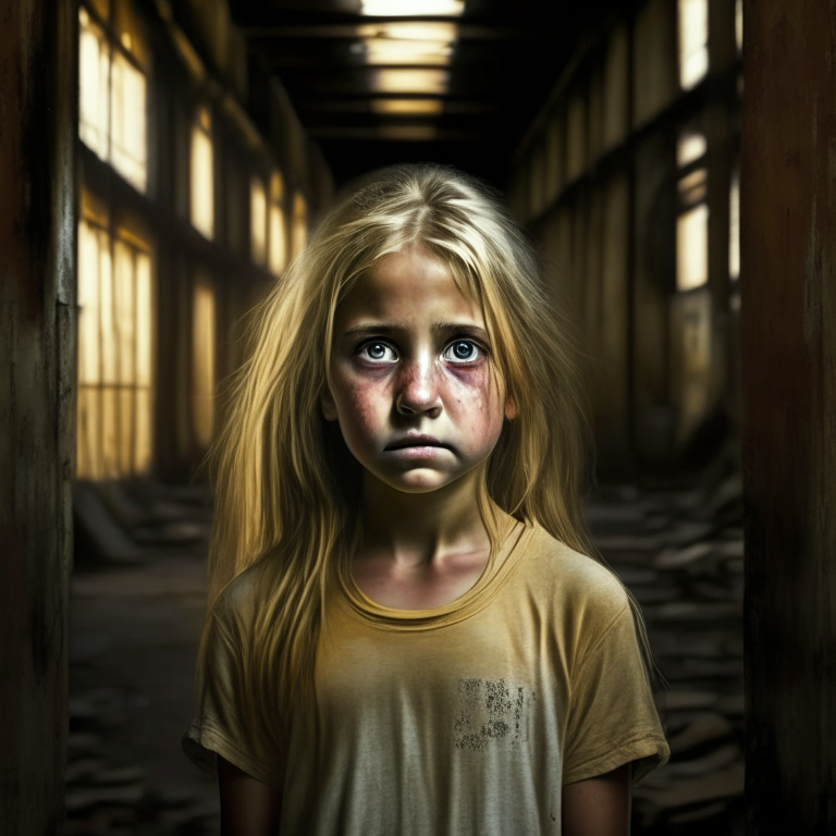 A beautiful 8-year-old girl stands alone in an old warehouse, wearing a worn-out T-shirt. Her face is streaked with tears as she gazes directly into the frame, with her golden hair and brown eyes captivating the viewer.
