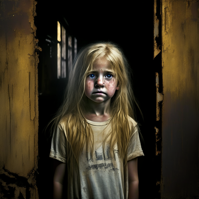 An exquisite 8-year-old girl, dressed in a worn-out T-shirt, stands alone inside an old warehouse. Tears stain her face as she gazes through a window within the warehouse, her golden hair flowing and her brown eyes fixed directly on the frame, creating a poignant image.

