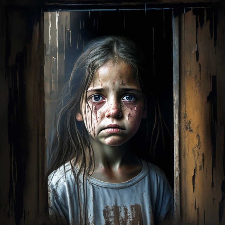 A portrait of a beautiful 8-year-old girl wearing an old T-shirt, her face stained with tears, peering through the window frame of an old warehouse.




